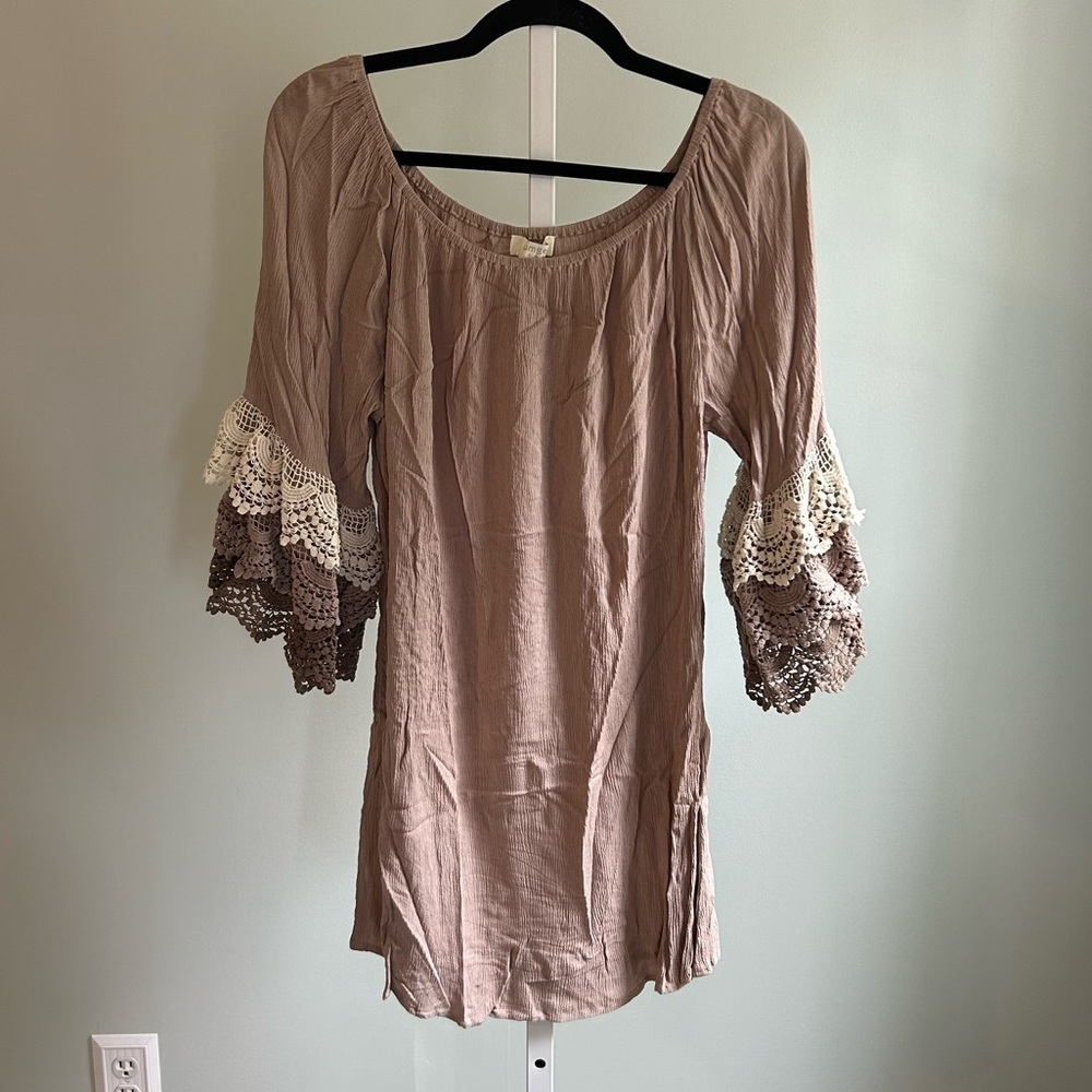 Umgee Taupe Off the Shoulder Dress with Tiered Sleeves